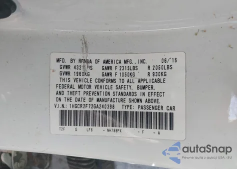 2016 Honda Accord Ex from USA, damaged, VIN 1HGCR2F72GA240398